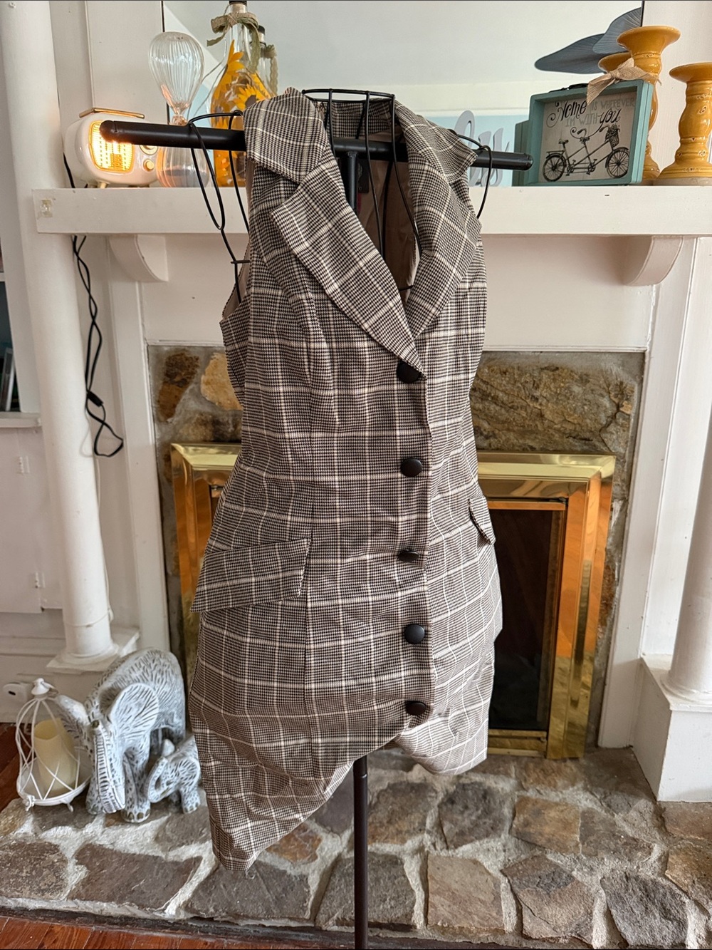 Vince Camuto Brown Plaid One-Shoulder Tailored Dress